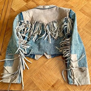 DIAMOND DENIM & LEATHER FRINGED SUEDE CROP JACKET SZ MEDIUM-DENIM AND SUEDE